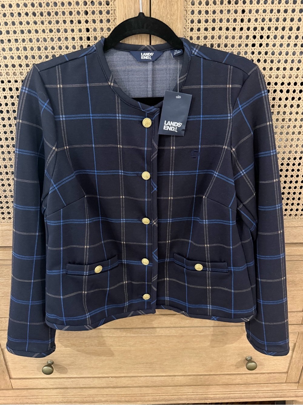Lands' End Navy Plaid Jacket with Gold Buttons. New - never worn!
